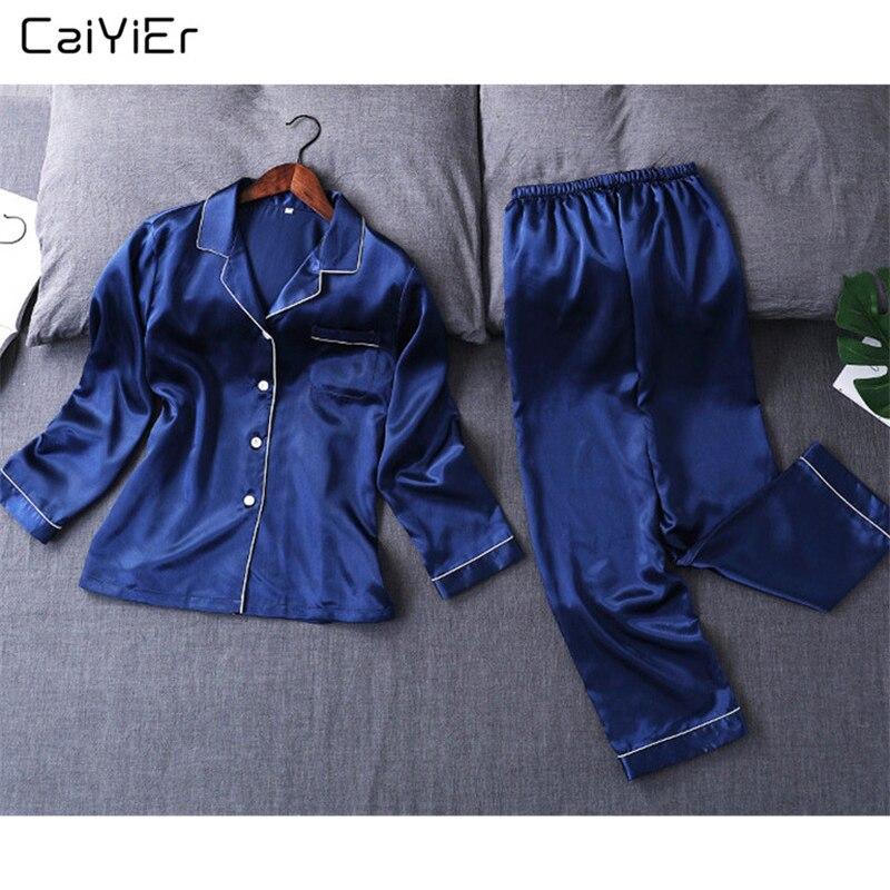 Caiyier 2018 Witer Silk Pajamas Sets Long Sleeve Sleepwear Pyjamas For Women Silk Homewear Sexy Nightgown pyjama femme 5xl Size