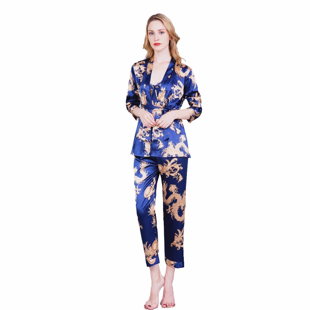 3PCS  Pajamas Set 2018 New Arrival Women's Nightgown Long Sleeve Rayon Sexy Chinese Dragon Nightwear Pyjamas M L XL D128-011