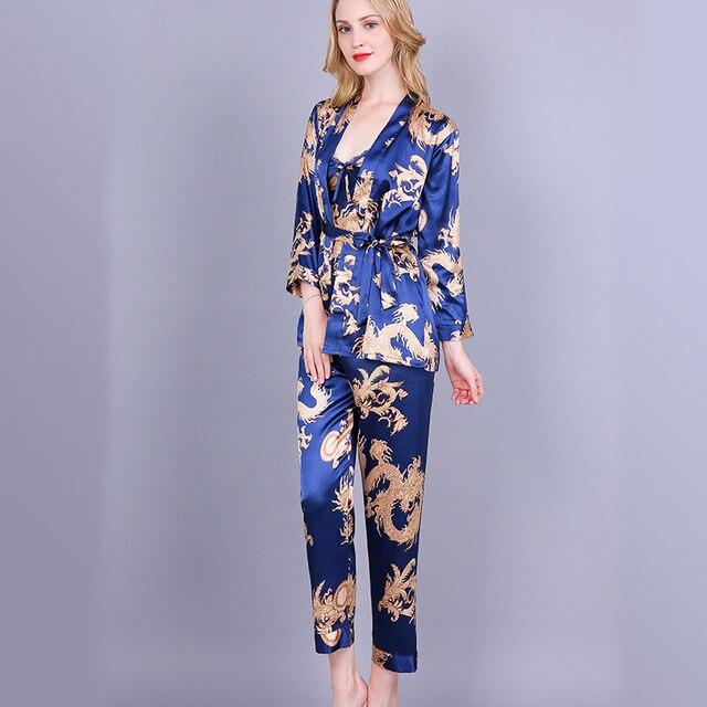 3PCS  Pajamas Set 2018 New Arrival Women's Nightgown Long Sleeve Rayon Sexy Chinese Dragon Nightwear Pyjamas M L XL D128-011