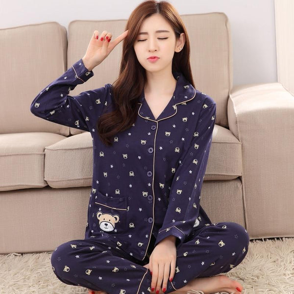 Womens Cotton Pajamas Sets Bear Casual Sleepwear Button Long Sleeve Nightgowns M-3xl Long Pants Sleepwear Pyjamas Sets Plus size