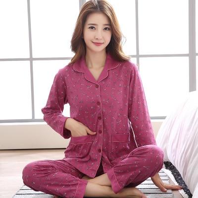 Womens Cotton Pajamas Sets Bear Casual Sleepwear Button Long Sleeve Nightgowns M-3xl Long Pants Sleepwear Pyjamas Sets Plus size