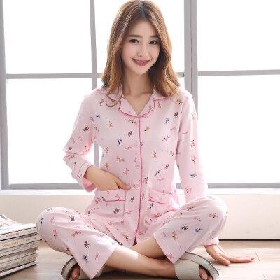 Womens Cotton Pajamas Sets Bear Casual Sleepwear Button Long Sleeve Nightgowns M-3xl Long Pants Sleepwear Pyjamas Sets Plus size