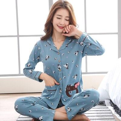 Womens Cotton Pajamas Sets Bear Casual Sleepwear Button Long Sleeve Nightgowns M-3xl Long Pants Sleepwear Pyjamas Sets Plus size