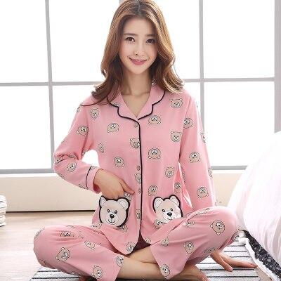Womens Cotton Pajamas Sets Bear Casual Sleepwear Button Long Sleeve Nightgowns M-3xl Long Pants Sleepwear Pyjamas Sets Plus size