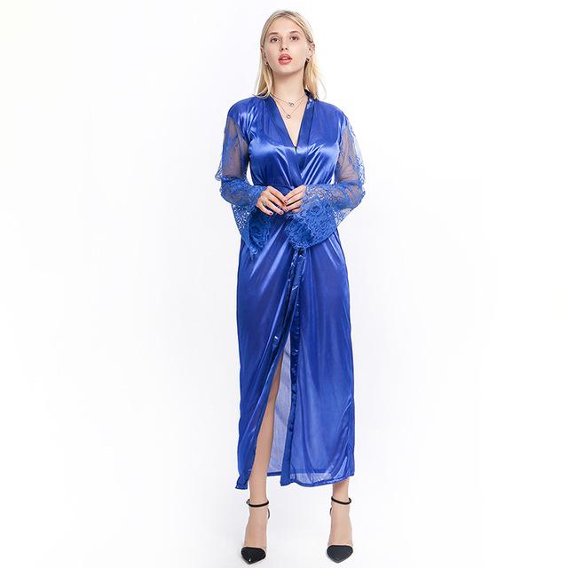 Nightgown Soft Silk Dressing Gown Bathrobe Women Sleepwear Ladies Sexy Sleepwear Female Lace Patchwork Long Bathrobes