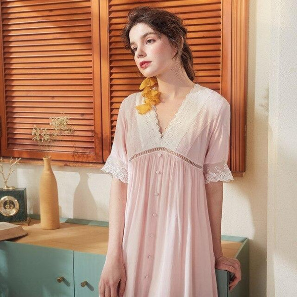 Summer Court Sexy Lace Half Sleeves Nightdress Loose Sleep Wear Night Dress Vintage Nightgown Cotton Sleepwear Women Nightshirt