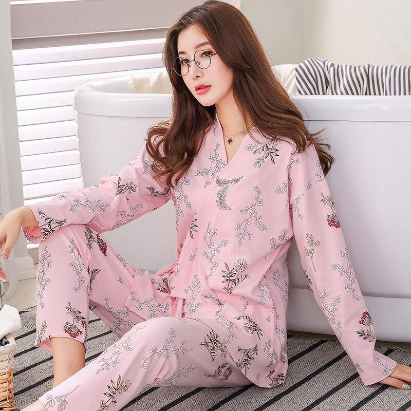Japanese Pajamas Women Spring Autumn Cotton Long Sleeve Kimono Sleepwear Sweet Lovely Homewear Thin Two Sets Nightgown H5623