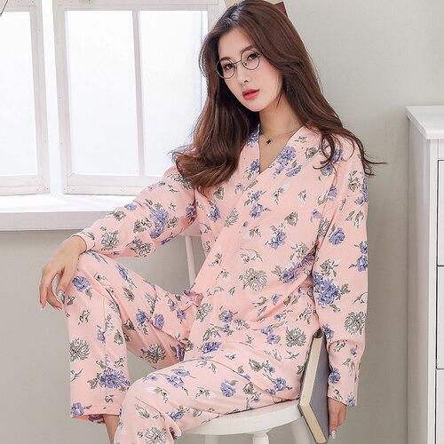 Japanese Pajamas Women Spring Autumn Cotton Long Sleeve Kimono Sleepwear Sweet Lovely Homewear Thin Two Sets Nightgown H5623