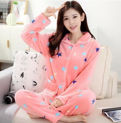Girls Winter Coral Velvet Pajamas Women Thick Flannel Sleep Suit Students Homewear Long Sleeves Pajamas Casual Nightgown D-2046