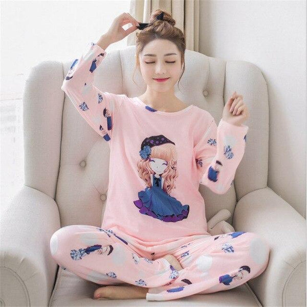 Spring autumn Women Pyjamas Cartoon printed Pajamas Set Thin Pijamas Mujer Sleepwear suit long Sleeve Nightgown casual homewear