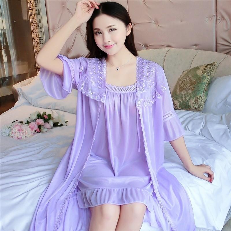 Set = Nightdress + Outwear Vintage Sleep Lounge Laced Ruffle Night Dress Summer Autumn Sleepwear Cool Silk Loose Long Nightdress