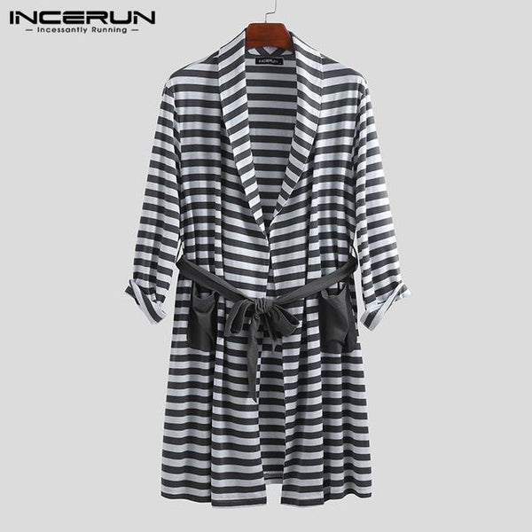 INCERUN Fashion 2019 Men's Long Sleeve New Literary Lapel Pocket Nightgown Striped Loose Tie High Quality Long Paragraph Robe