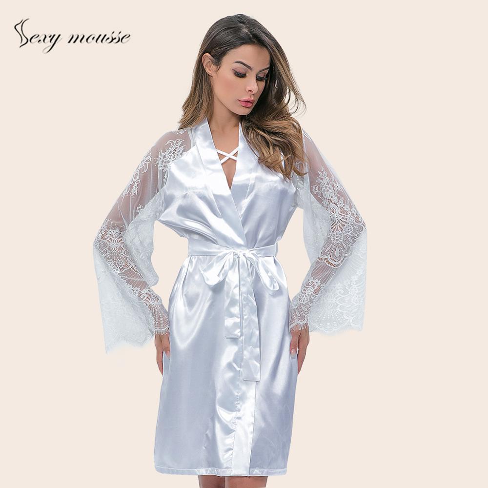 Sexy mousse Pajamas lace long-sleeved kimono silk robes soft flowers large size sexy satin female sexy nightdress nightgown long