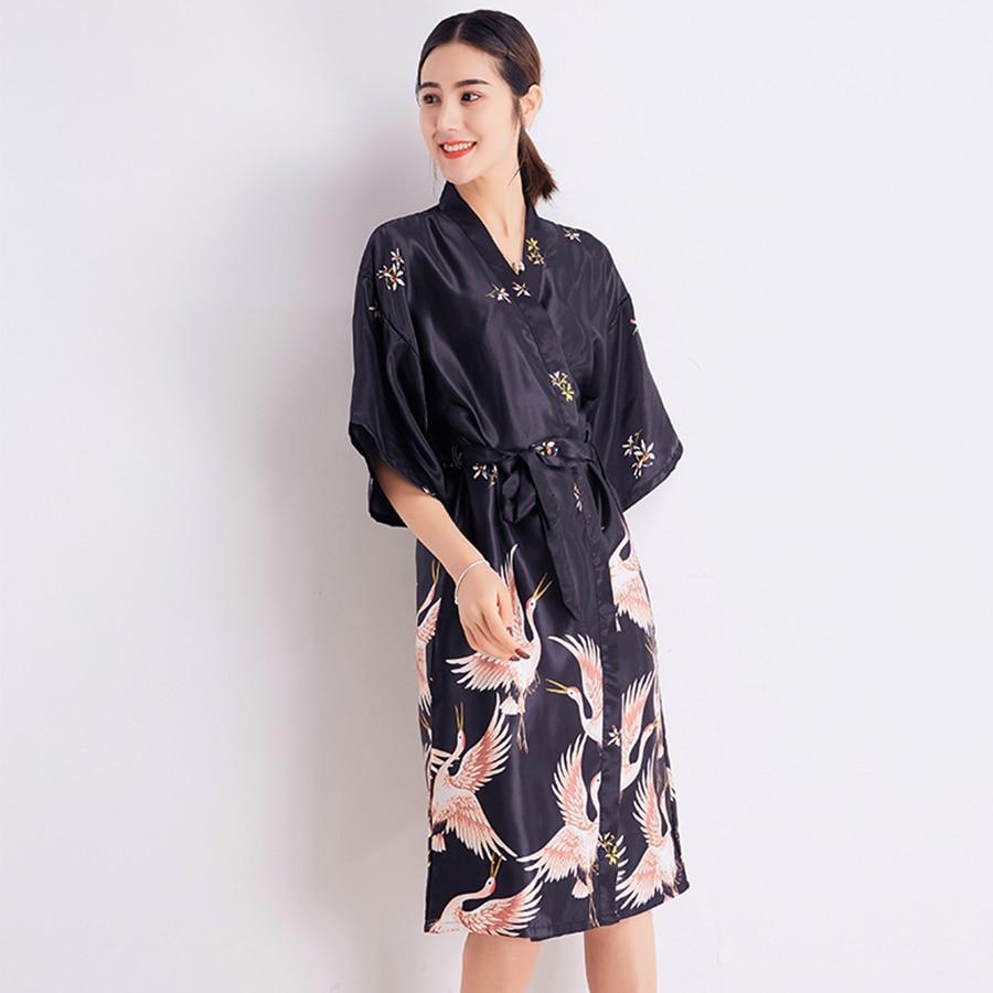 Sexy BLACK Women Robe Summer Casual Silky Sleepwear Female Print Kimono Bathrobe Satin Long Nightgown Half Sleeve Home Dress