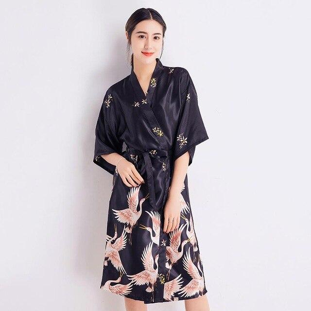 Sexy BLACK Women Robe Summer Casual Silky Sleepwear Female Print Kimono Bathrobe Satin Long Nightgown Half Sleeve Home Dress