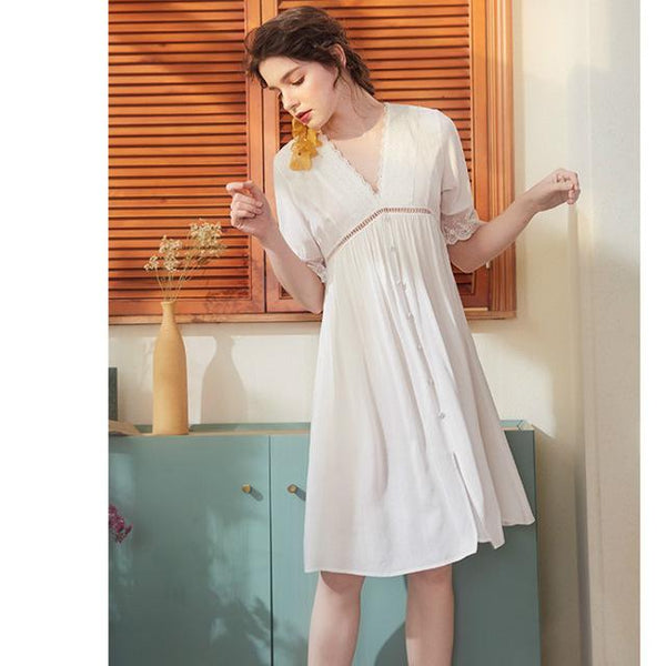 Pregnant Women Deep V-Neck Lace Nightgown Retro Sleepwear Dress Vintage Nightdress