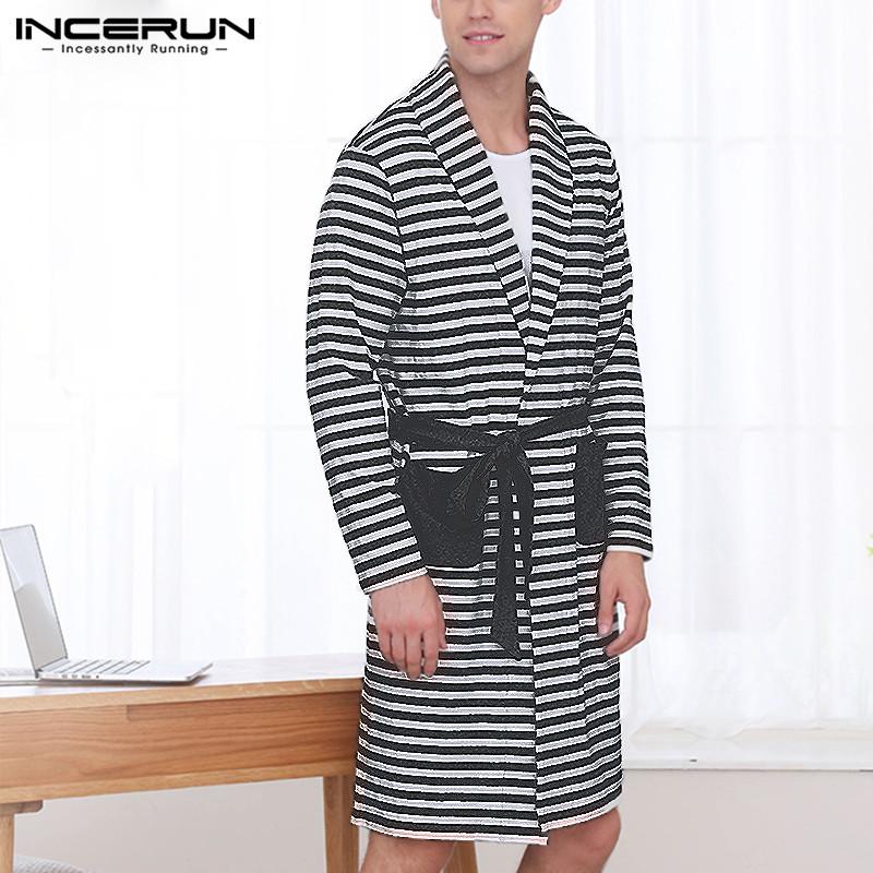 INCERUN 2019 Men's New Fashion Literary Nightgown Striped Lapel Pocket Long Sleeve Loose Tie High Quality Long Paragraph Robe