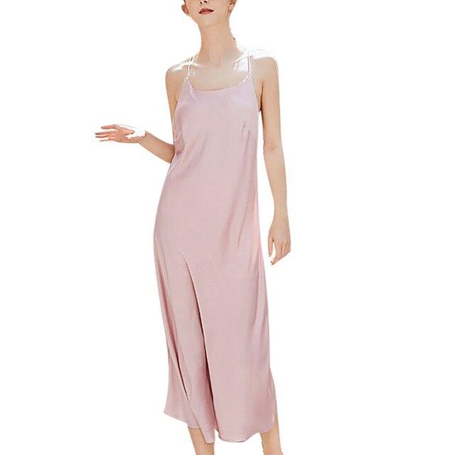 pajamas sets women Casual Silk Satin Sleeveless Nighties V-neck Nightgown Long Nightdress Lace Sleepwear For Women L0329