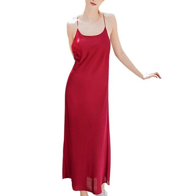 pajamas sets women Casual Silk Satin Sleeveless Nighties V-neck Nightgown Long Nightdress Lace Sleepwear For Women L0329