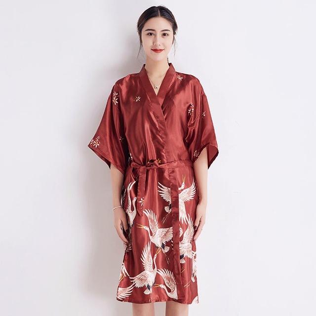RED Women Rayon Robe Chinese Style Bride Wedding Robe Gown Printed Sleepwear Lounge Home Clothes Long Nightgown Night Dress