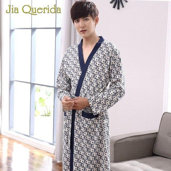Man Kimono Sleepwear 100% Cotton Knitted Nightwear Robe Loose Weigth Belt Pocket Print Cardigan Long Sleeves Nightgowns Bathrobe