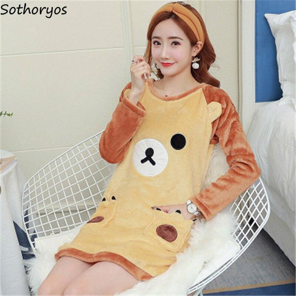 Nightgowns Women Winter Warm Soft Lovely Sleepwear High Quality Casual Korean Style Cartoon Long Sleeve Trendy Womens Nightgown