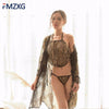 Chinese Vintage Cclassic Apron Sexy Golden Lace Bra Transparent Nightgown Pajamas Set Coat + Briefs + Underwear Mesh 3 Piece Set