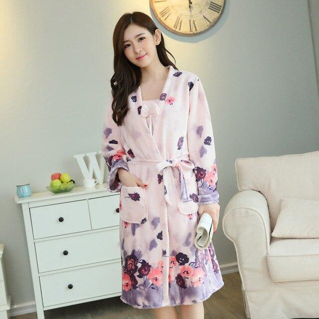 2PCS Thick Warm Nightgowns Flannel Kimono Robes Set for Women 2018 Winter Long Sleeve Coral Velvet Bathrobe Lingerie Night Dress