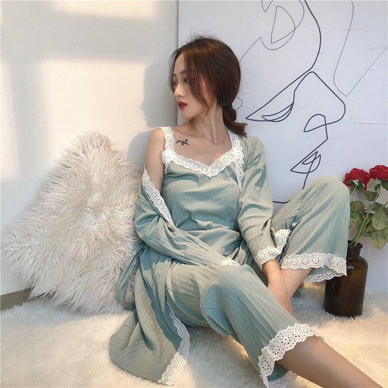 Winter Pajamas Set Woman Warm Sleepwear Cotton Lace Pajamas Nightwear Long Sleeves Pants 3 Peices Nightgown Sexy Pijamas Women