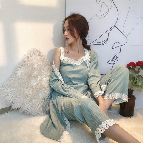 Winter Pajamas Set Woman Warm Sleepwear Cotton Lace Pajamas Nightwear Long Sleeves Pants 3 Peices Nightgown Sexy Pijamas Women