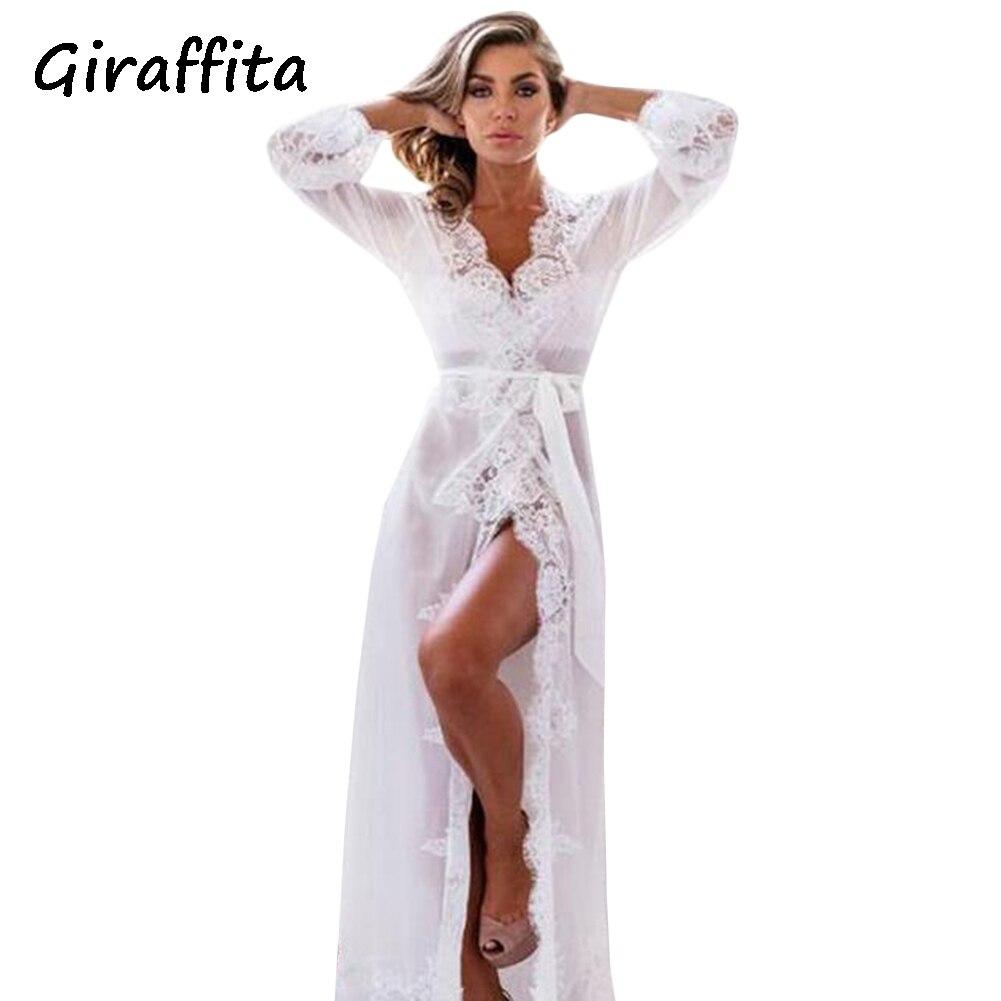 Giraffita New Nightgowns Maxi Lace Robe Sexy Sleepwear Long Bathrobe Women Kimono Dressing Gown Nightgown