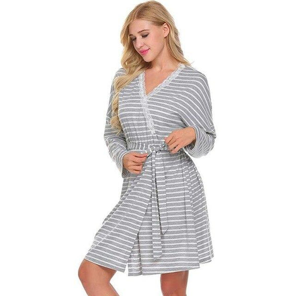 Women V Neck Long Sleeve Stripe Split Maternity Pregnancy Nursing Nightgowns