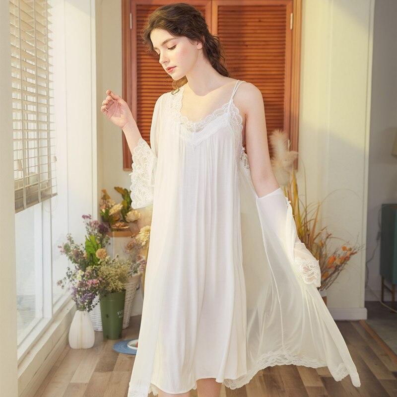 2Pcs/Set Ladies Sexy Cotton Lace Elegant Nightgowns Nightdress White Women Lolita Spring Summer Palace Vintage Dress Sleepwear