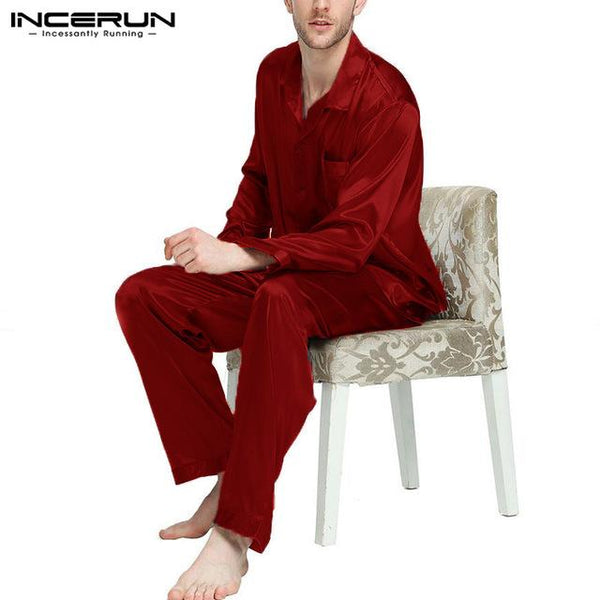 INCERUN Silk Satin Men Pajamas Set Long Sleeve Pants Homewear Suit Solid Comfy 2 Pieces Soft Nightgown Men Sleepwear Set 2019 7