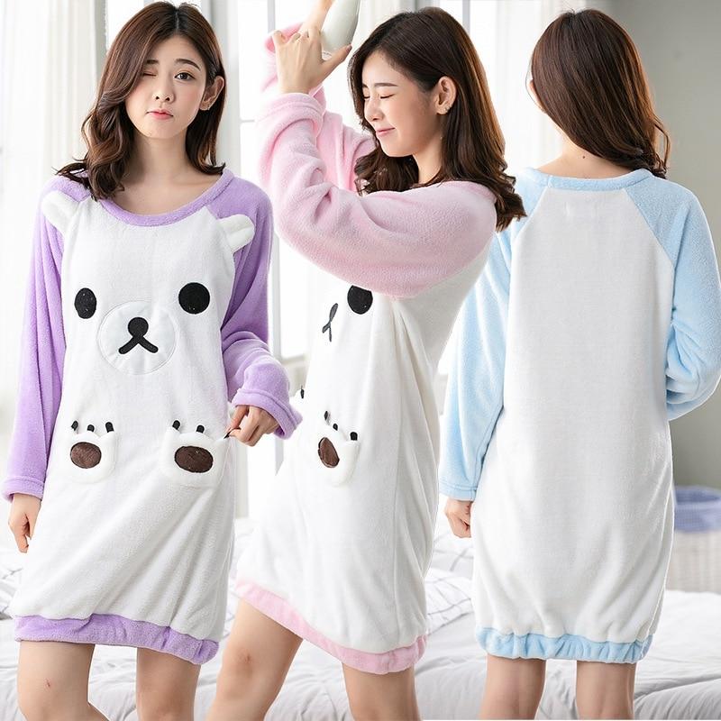 2019 Winter Thick Warm Flannel Nightgowns for Women Long Sleeve Coral Velvet Sleepwear Night Dress Girls Cute Cartoon Nightdress