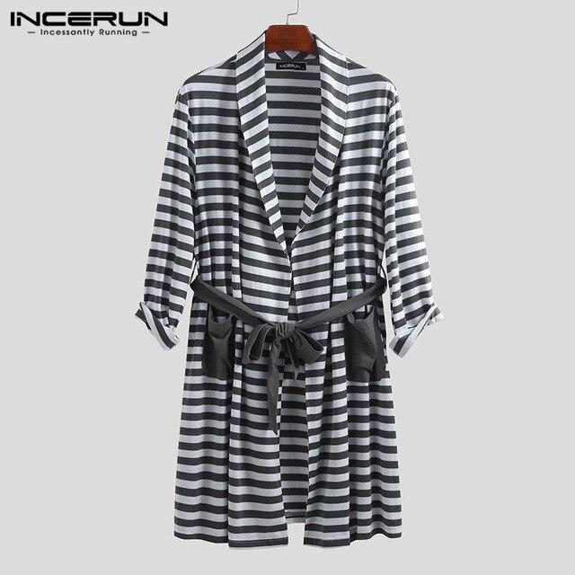 INCERUN Men's Literary Nightgown Striped Lapel Pocket Fashion Long Sleeve 2019 New Loose Tie Long Paragraph High Quality Robe