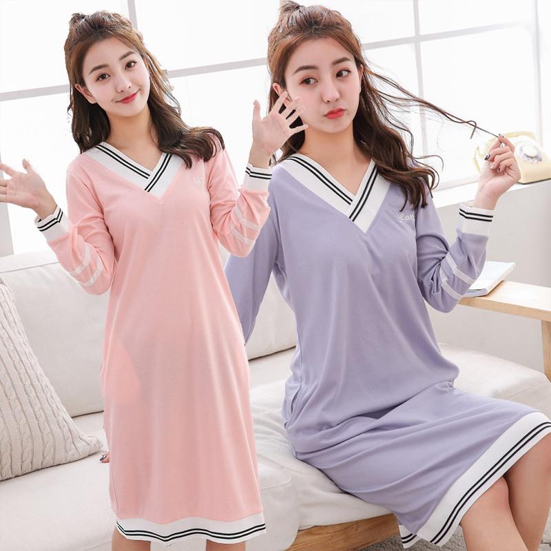 2019 Spring New Cotton V-neck Nightgown for Women Long Sleeve Home Dress Sleepwear Nightwear Loose Night Dress Nightdress Nighty