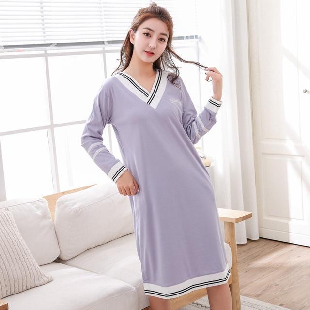2019 Spring New Cotton V-neck Nightgown for Women Long Sleeve Home Dress Sleepwear Nightwear Loose Night Dress Nightdress Nighty