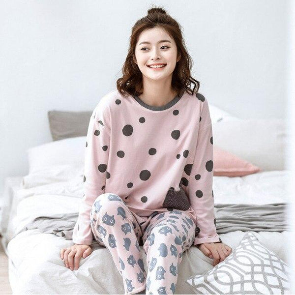 100% Cotton Long Sleeved Polka Dot Pajamas Women's Pajamas Sets Sweet Girls Sleepwear Nightgowns Lounge Women Fashion Clothing