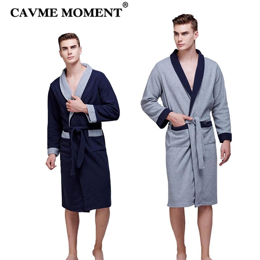 CAVME 2019 Men's Fleece Kimono Robes Hotel Hot Spring Spa Robe for Homme Bathrobe Long Robes Pockets Nightgown Navy Gray Color