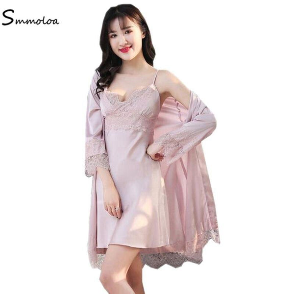 Smmoloa Long Sleeve Silk Robe Nightgown Set