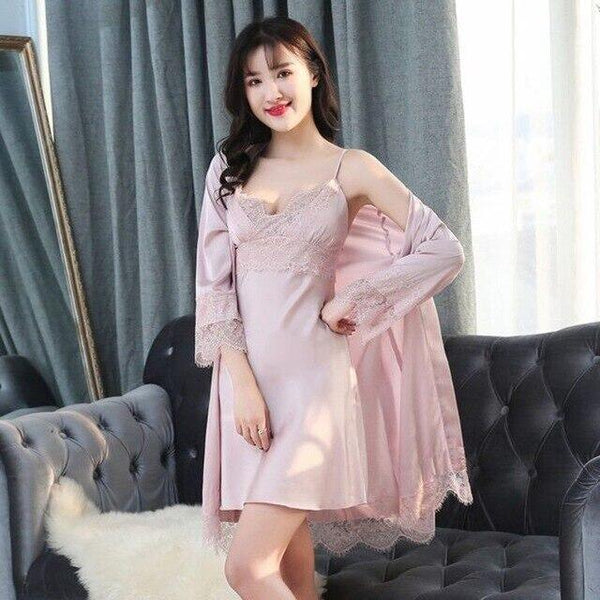 Smmoloa Long Sleeve Silk Robe Nightgown Set