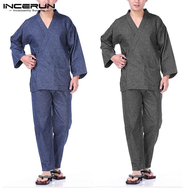 INCERUN Men Japanese Kimono Set Pajamas Set Long Sleeve Leisure Retro Pants Men Sleepwear Homewear Suit Nightgown Plus Size 2019