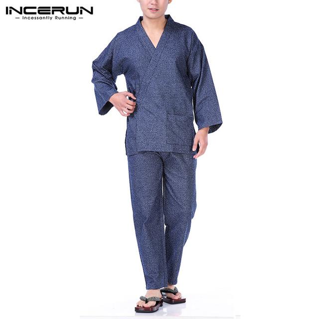 INCERUN Men Japanese Kimono Set Pajamas Set Long Sleeve Leisure Retro Pants Men Sleepwear Homewear Suit Nightgown Plus Size 2019