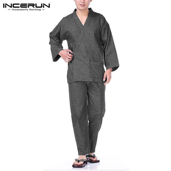 INCERUN Men Japanese Kimono Set Pajamas Set Long Sleeve Leisure Retro Pants Men Sleepwear Homewear Suit Nightgown Plus Size 2019