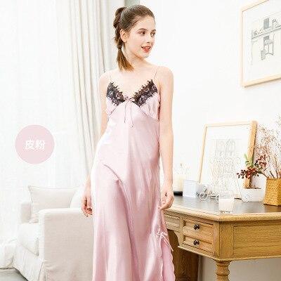Daeyard Women's Silk Long Nightgown Spaghetti Straps Nightdress Sexy Lace Trimmed Sleepshirt Summer Slit Dress Nightie Homewear