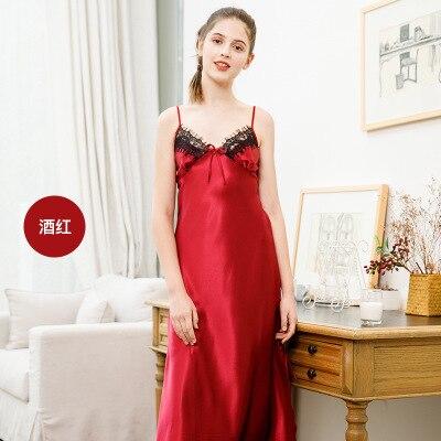 Daeyard Women's Silk Long Nightgown Spaghetti Straps Nightdress Sexy Lace Trimmed Sleepshirt Summer Slit Dress Nightie Homewear