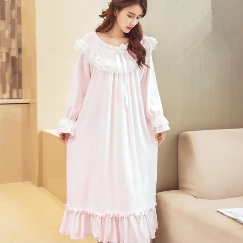 Cute lace patchwork Flannel warm winter sleep dress female long sleeve princess o-neck nightgowns home clothes gx1531