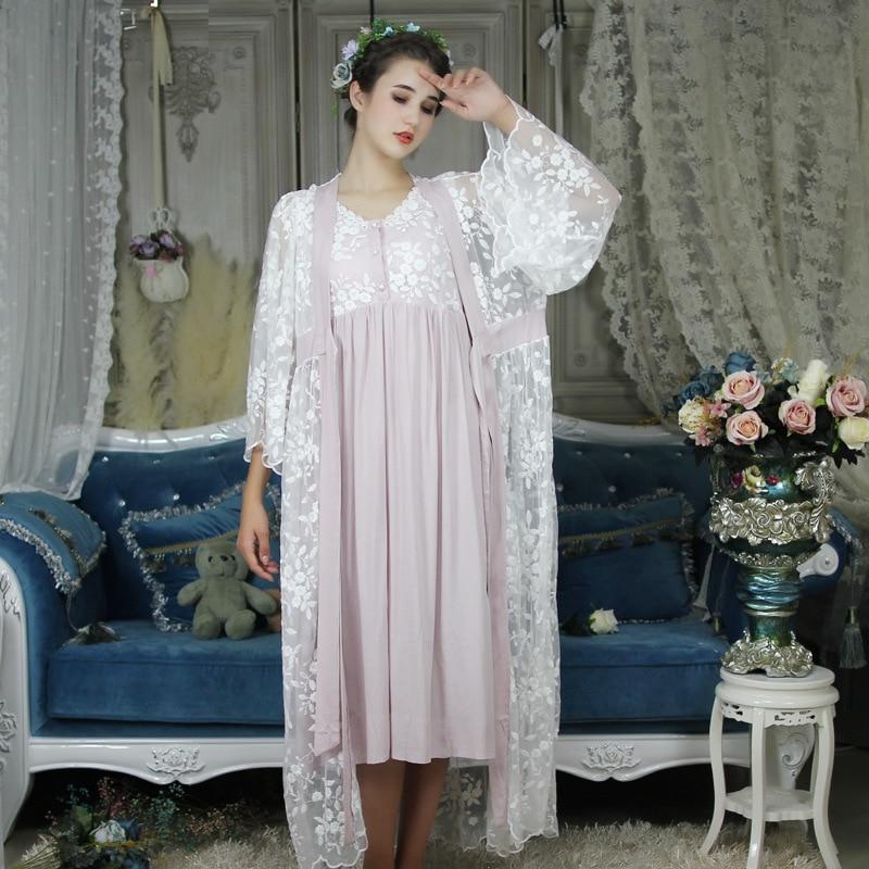 Autumn Cotton Women Embroidered Rob Sets White 2 Pieces Lace Nightgowns Long Sleeve Retro Solid Color Sleepwear Home Wear  063