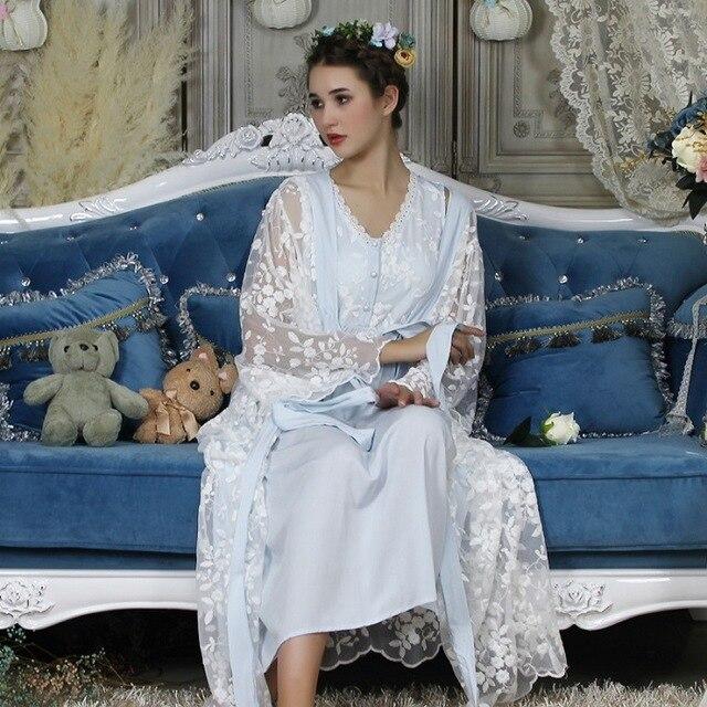 Autumn Cotton Women Embroidered Rob Sets White 2 Pieces Lace Nightgowns Long Sleeve Retro Solid Color Sleepwear Home Wear  063